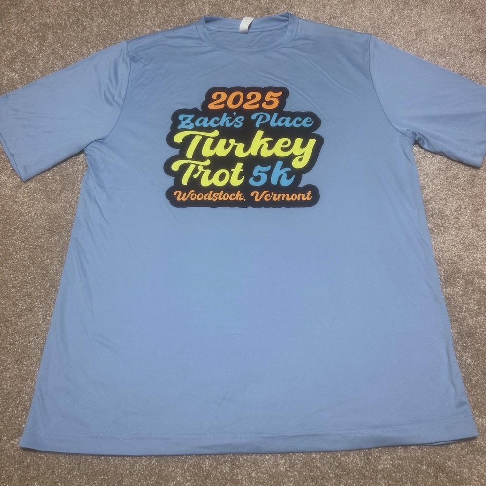 CORE365 Mens L Zack's Place Turkey Trot 5k Graphic Tee Blue Performance Running